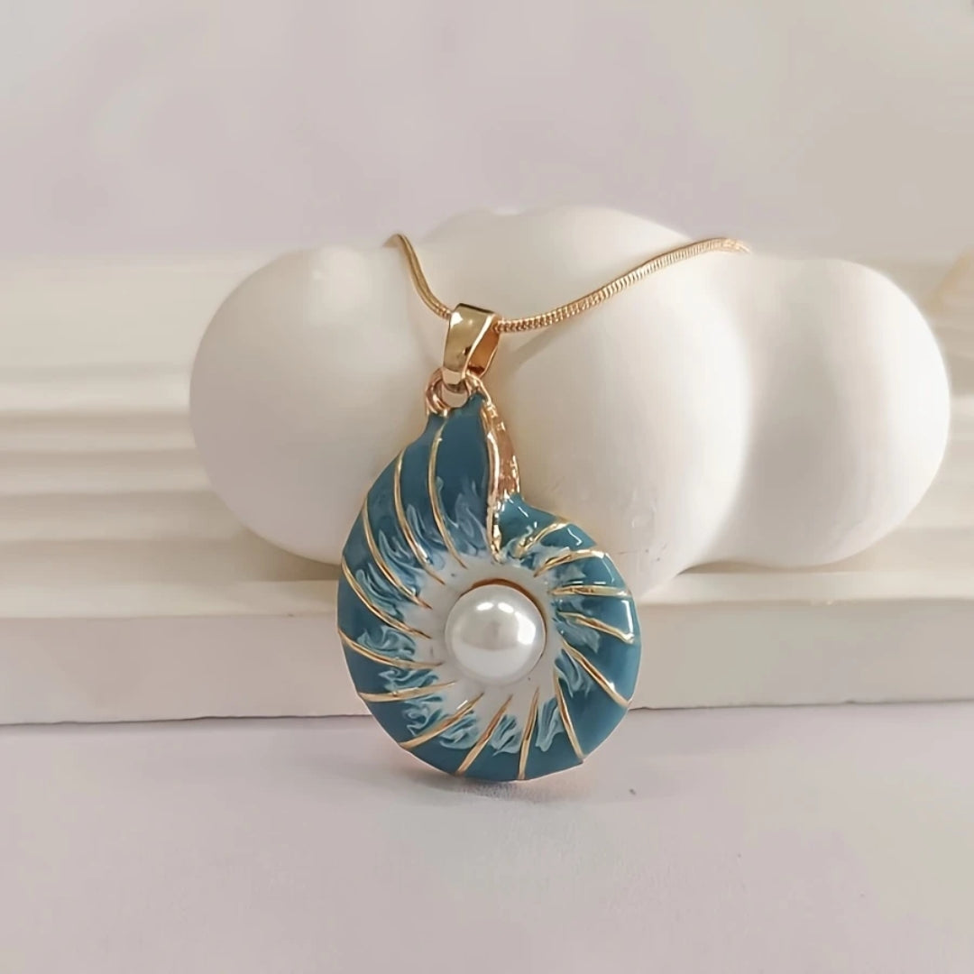 Dainty Pearl Necklace with Blue Shell for Women 0
