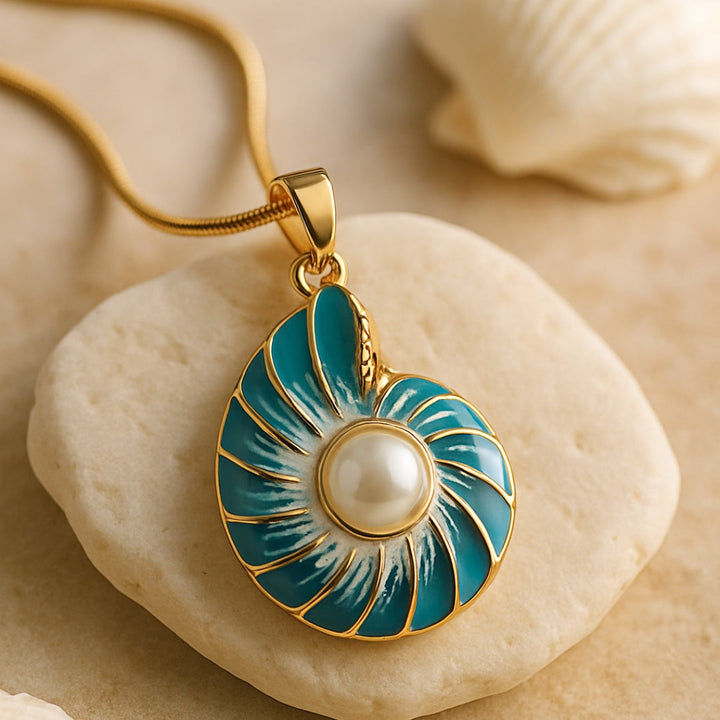 Dainty Pearl Necklace with Blue Shell for Women 4