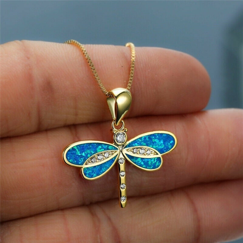 Gold Dragonfly Necklace with Opal for Women 0