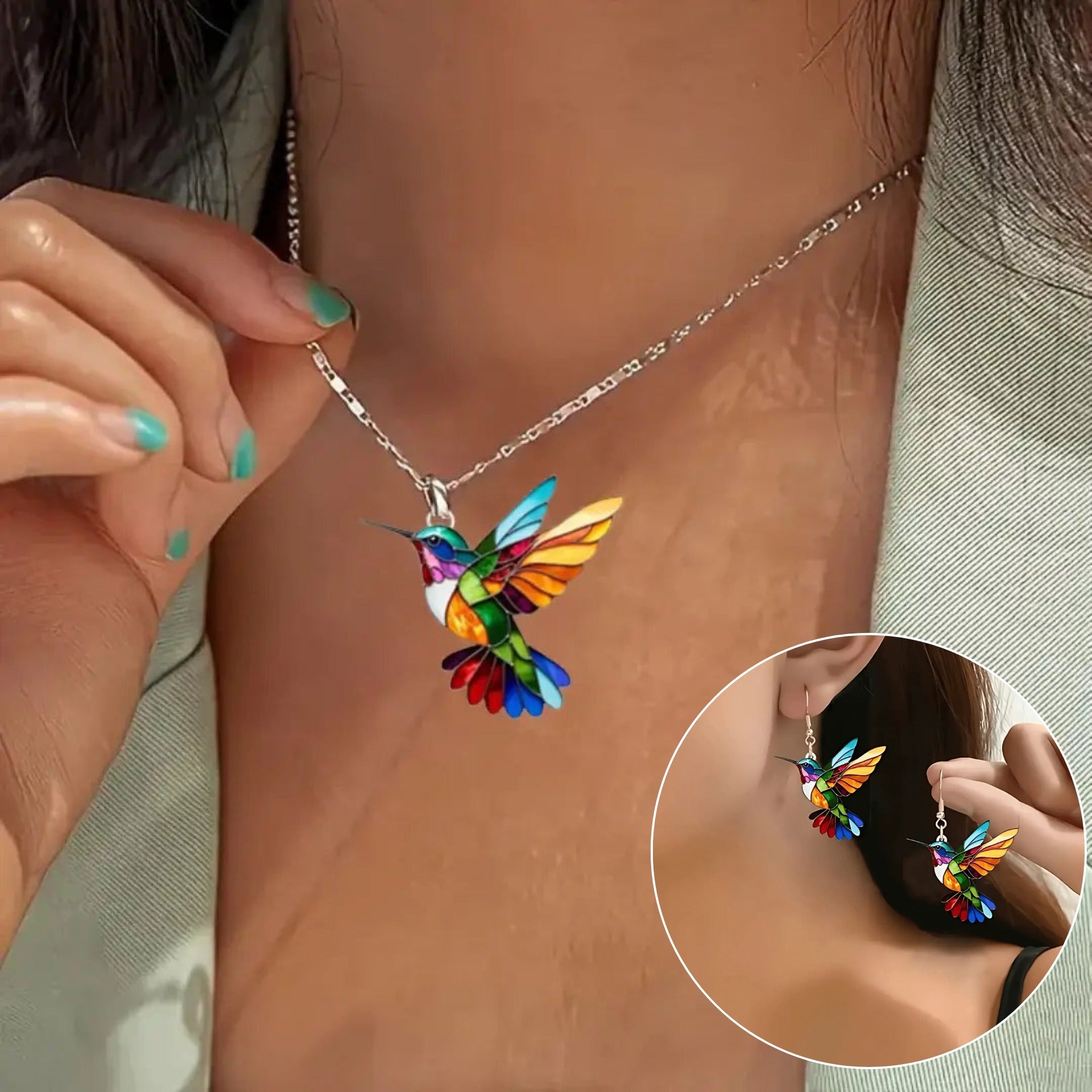Gold Hummingbird Necklace with Matching Earrings for Women 0