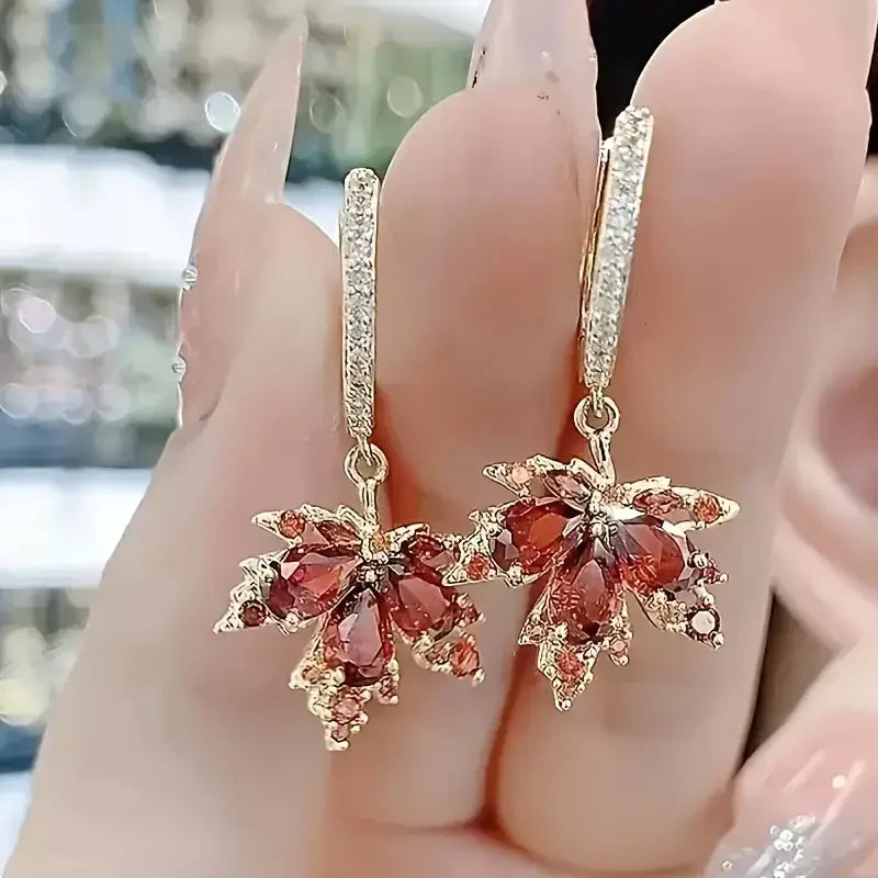 Gold Leaf Earrings with Crystal Accents - Elegant Jewelry for Women, Perfect for Everyday & Special Occasions 0