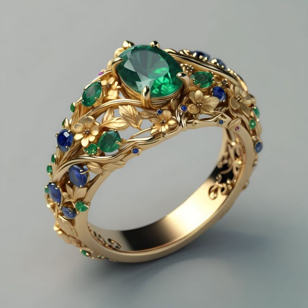 Gold Ring with Vibrant Green and Blue Crystals - Dainty Statement Ring for Women 0