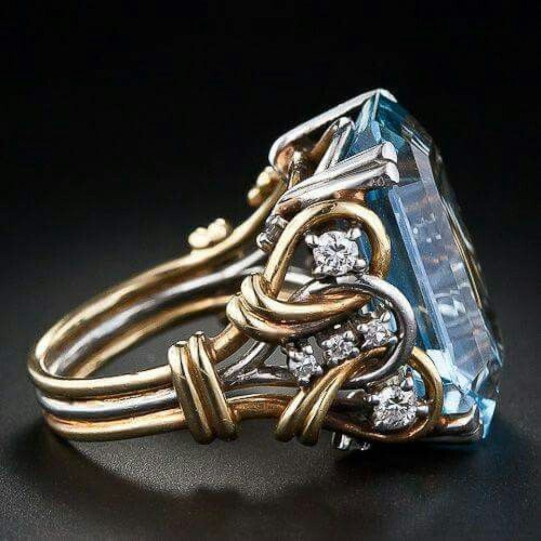 Gold Vintage Layered Ring with Blue Crystal for Women 0