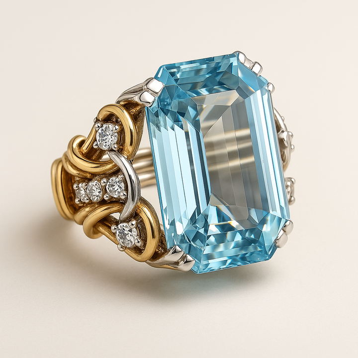 Gold Vintage Layered Ring with Blue Crystal for Women 2