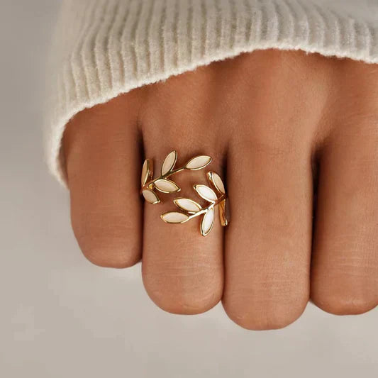 Silver Adjustable Leaf Ring with White Opal for Women 2