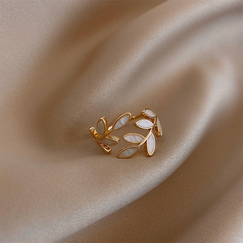 Silver Adjustable Leaf Ring with White Opal for Women 3