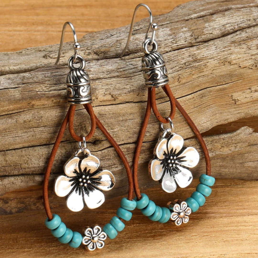 Silver Flower Earrings with Turquoise Accents, Boho Style for Women - Unique Nature-Inspired Jewelry 0