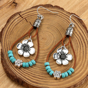 Silver Flower Earrings with Turquoise Accents, Boho Style for Women - Unique Nature-Inspired Jewelry 2