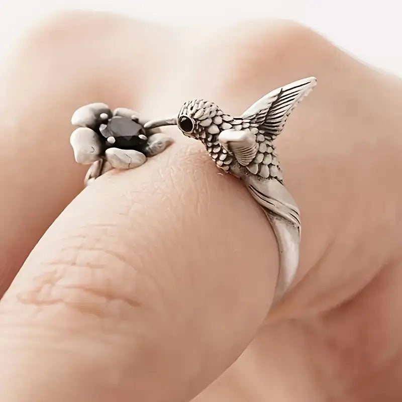 Silver Hummingbird Ring – Adjustable Bird Design for Women 0