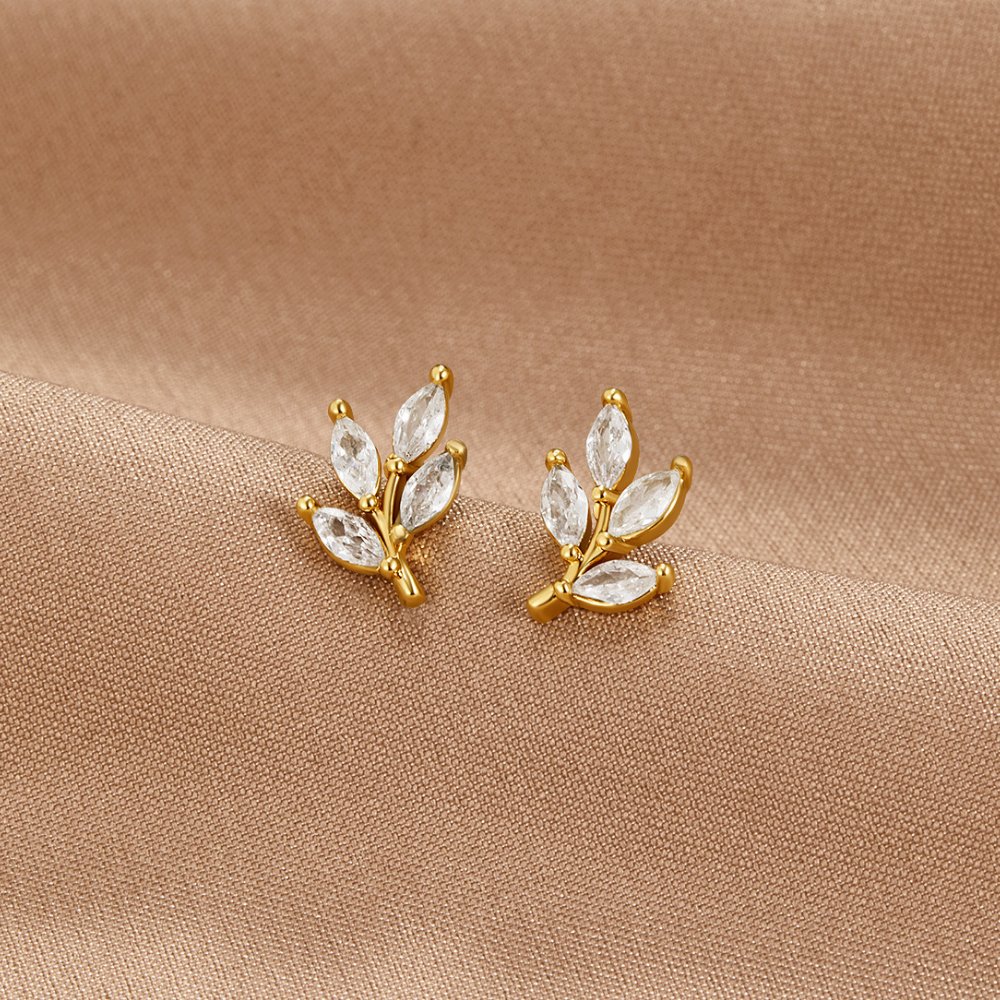 Silver Leaf Earrings with Crystal Accents - Delicate Nature-Inspired Jewelry for Women 0