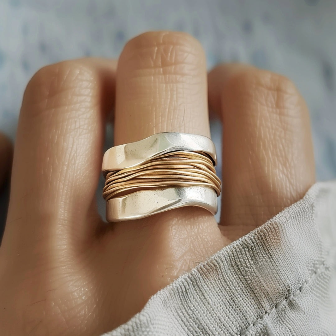 Silver Ring with Golden Threads - Elegant Stackable Design for Women 0
