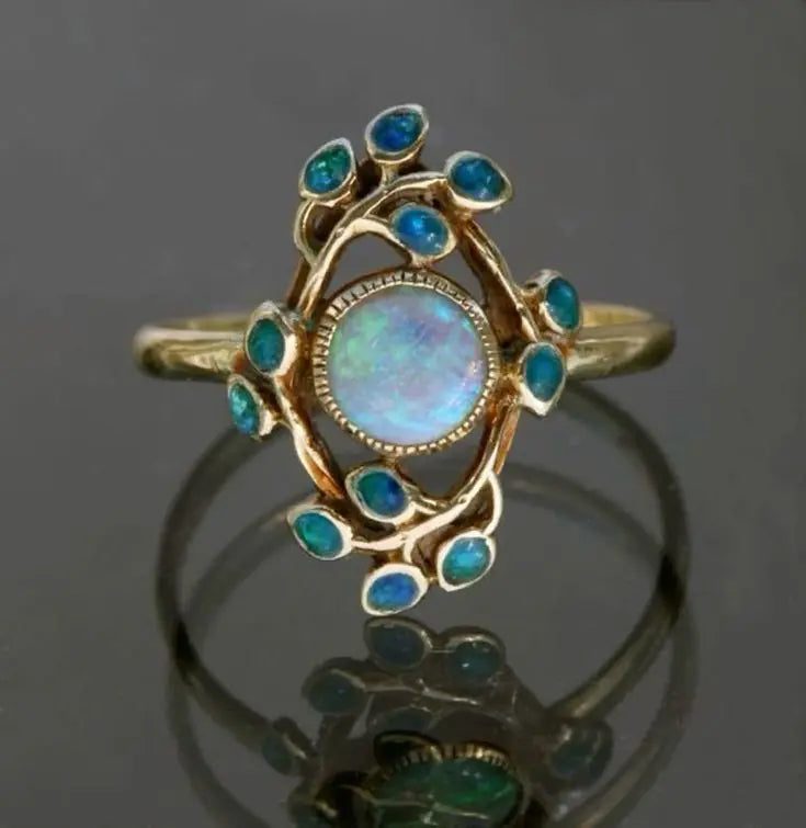 Silver Vintage Blue Ring with Crystal and Opal Accents for Women - Elegant Statement Jewelry 0