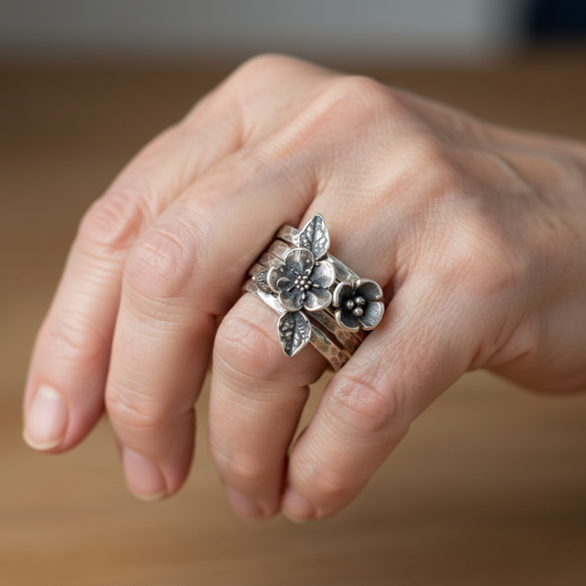 Silver Vintage Flower Layer Ring for Women - Elegant Floral Design, Perfect for Everyday Wear or Special Occasions 4