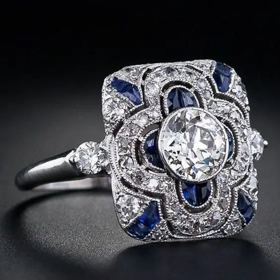 Silver Vintage Ring with Blue Crystal for Women 0
