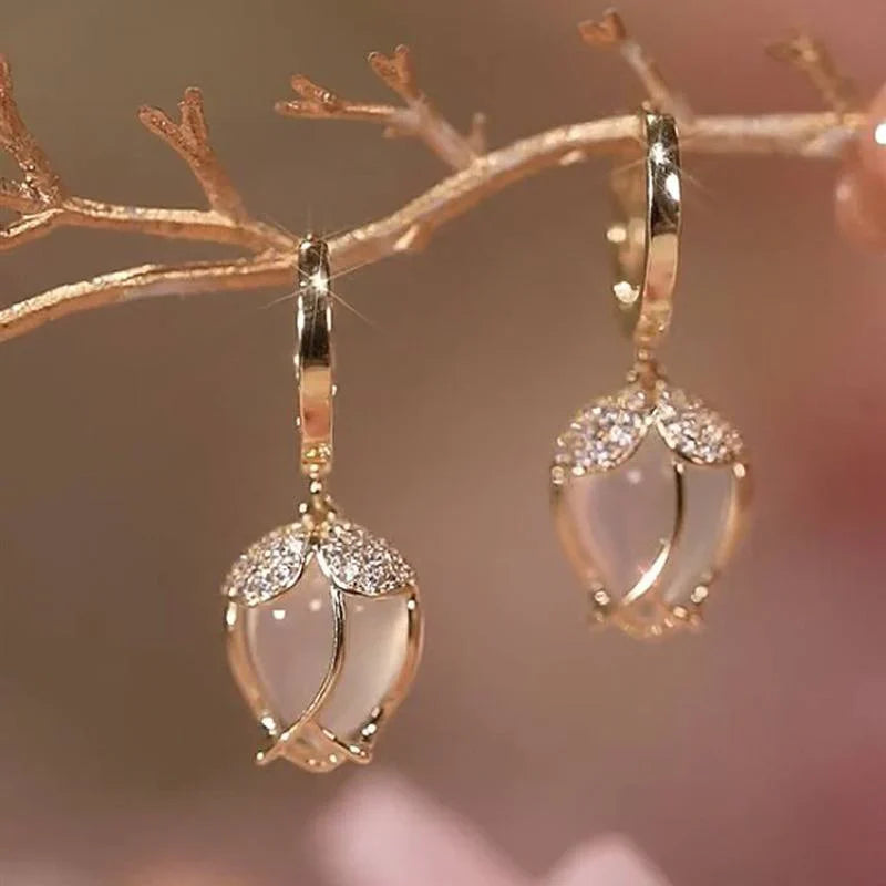 Silver Vintage Tulip Earrings with Crystal Accents for Women - Elegant Floral Design for Everyday or Special Occasions 0