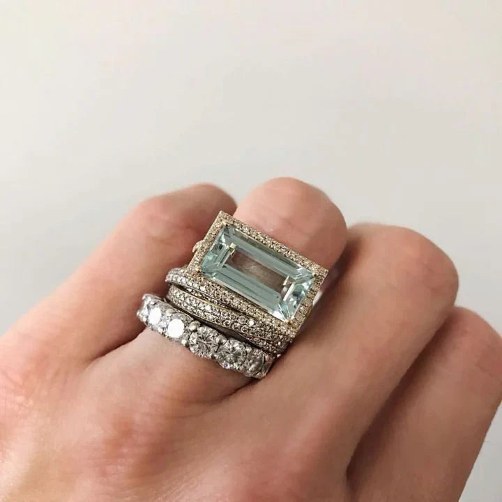 Silver Vintage Turquoise Glass Ring Set for Women - Elegant Stackable Design for Everyday Wear 0