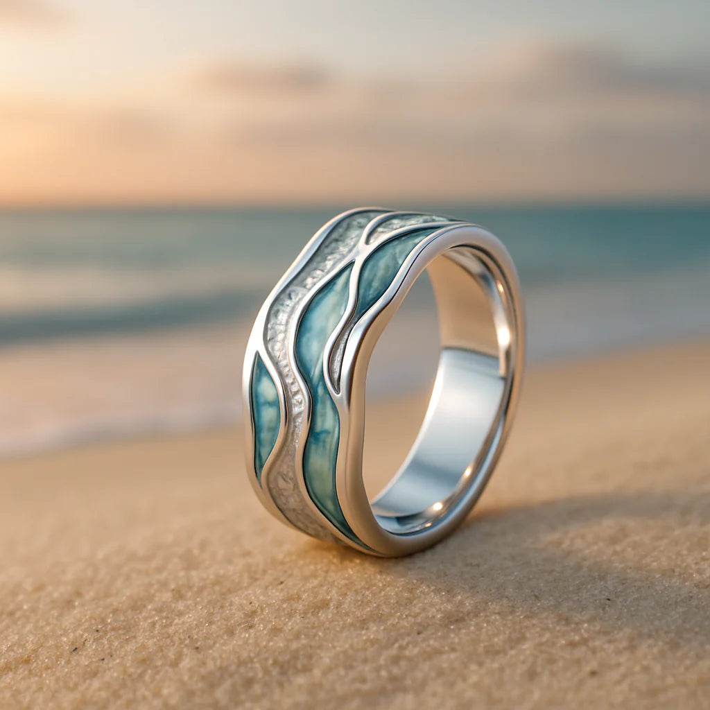 Silver Wave Ring with Turquoise Accent - Elegant Nature-Inspired Jewelry for Women 0