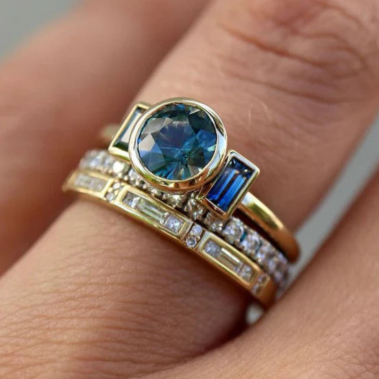 Vintage Gold Ring Set with Blue Accents, Dainty Design for Women, Perfect Gift for Any Occasion 0