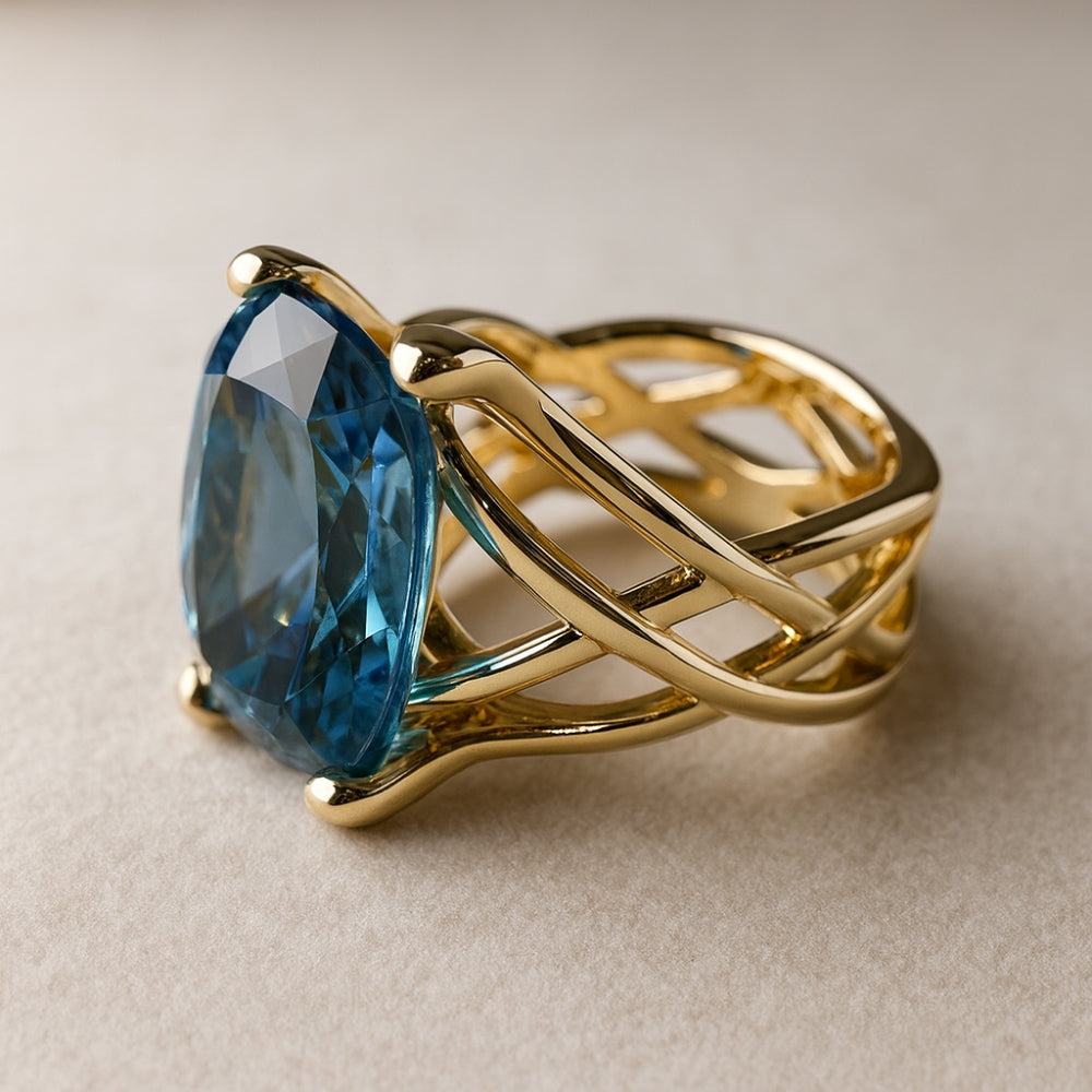 Vintage Gold Ring with Blue Crystal - Elegant Statement Jewelry for Women 0