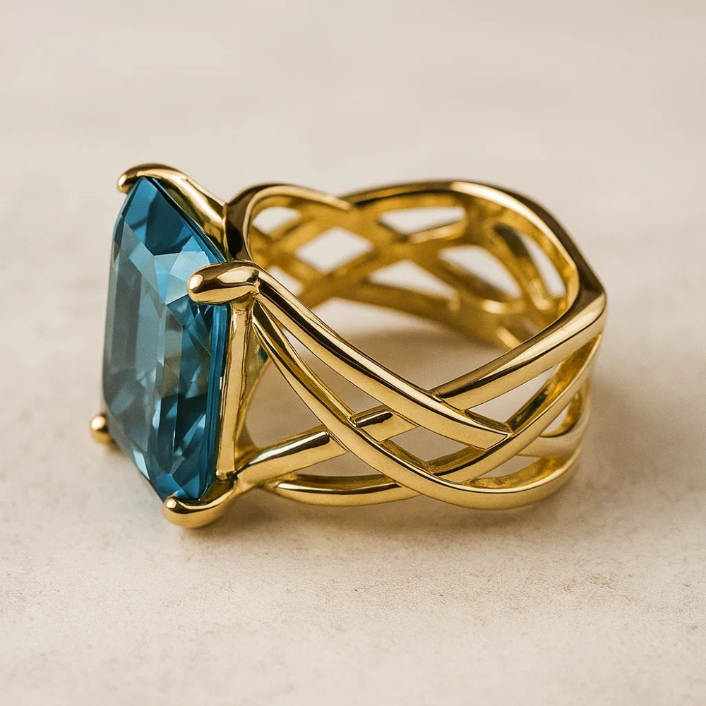 Vintage Gold Ring with Blue Crystal - Elegant Statement Jewelry for Women 2