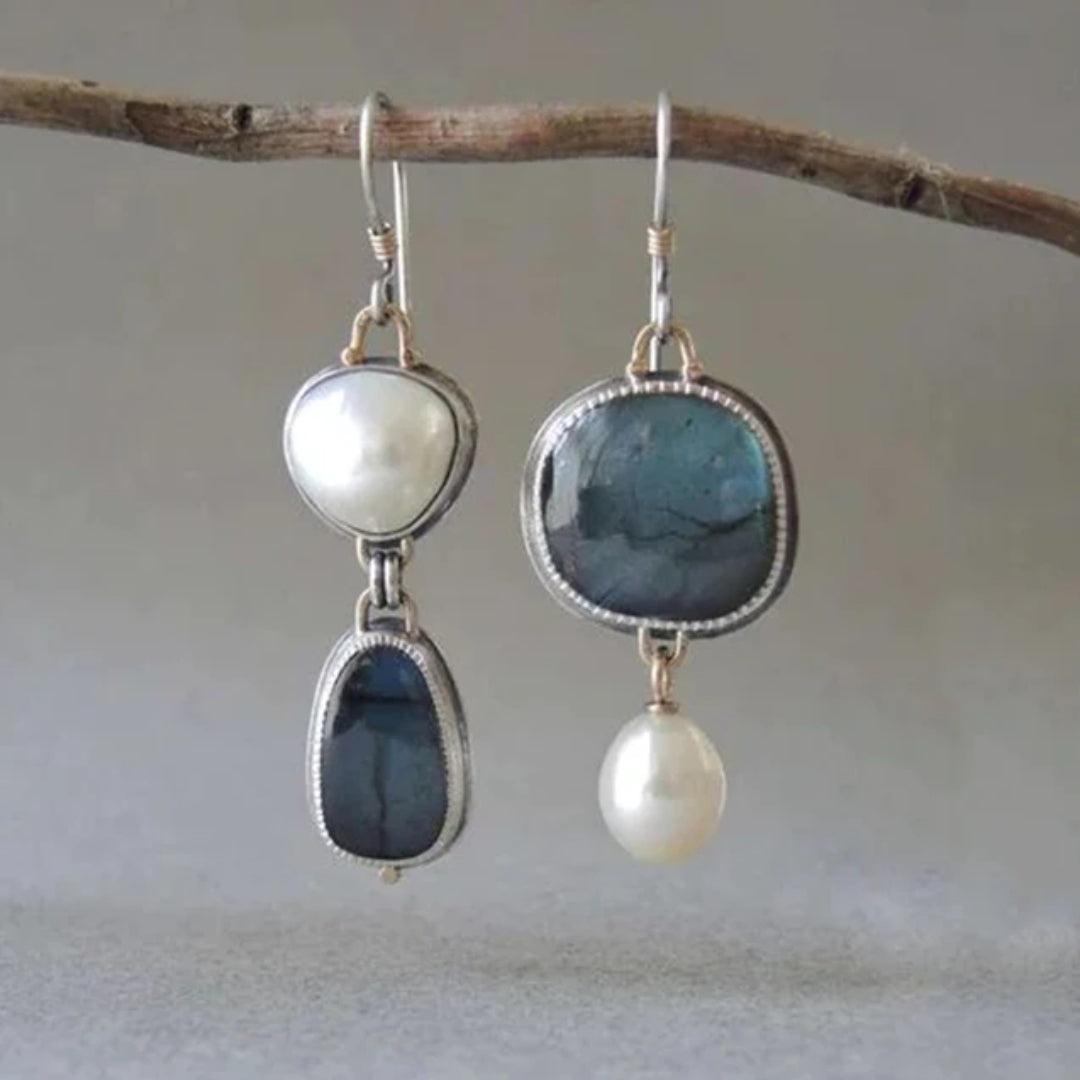 Vintage Pearl Earrings with Blue Stone for Women 0